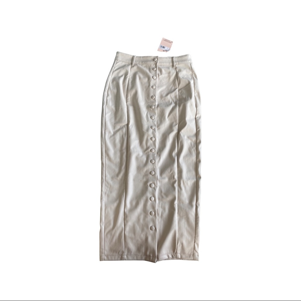 Cream faux leather button down midi skirt